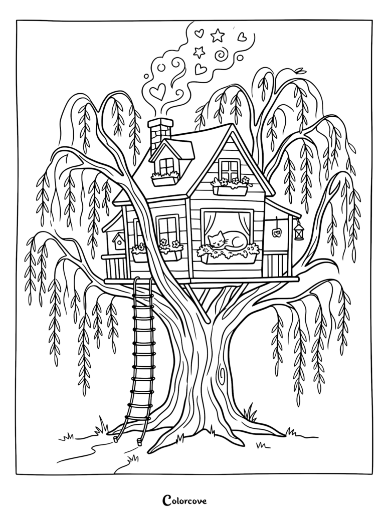 A detailed coloring page of a whimsical treehouse nestled in a willow tree with a sleeping cat in the window and heart-shaped smoke rising from the chimney.