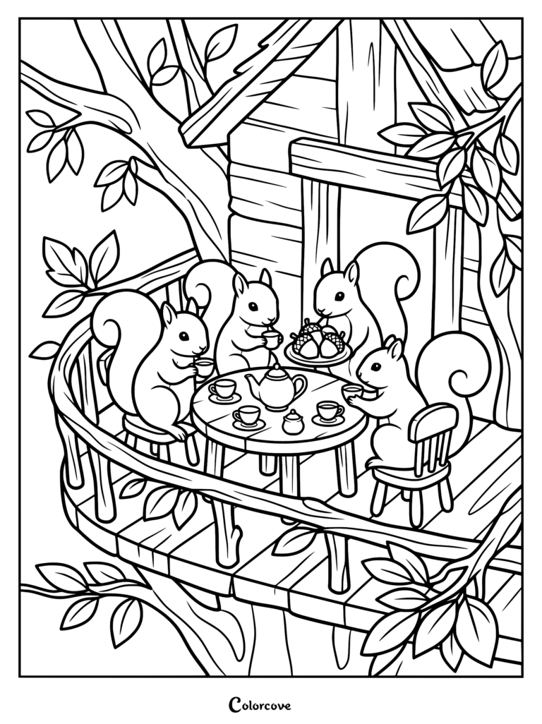 Four squirrels sitting around a small wooden table on a treehouse balcony, drinking tea and eating acorns, coloring page style line art.