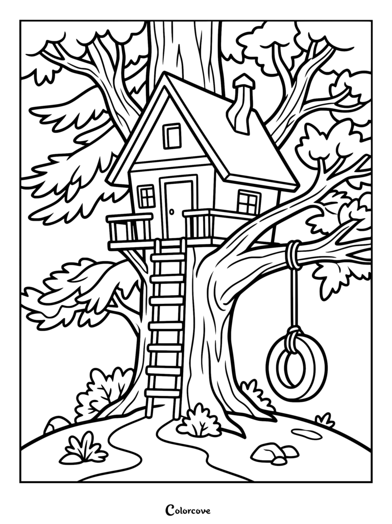 A printable coloring page featuring a cozy treehouse nestled in a large tree with a ladder and a hanging tire swing.