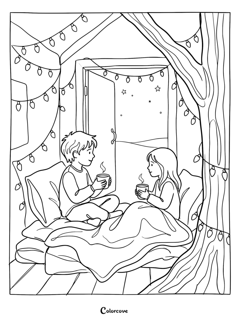 A boy and girl sitting on a bed in a treehouse decorated with string lights, holding steaming mugs, in this printable coloring page.