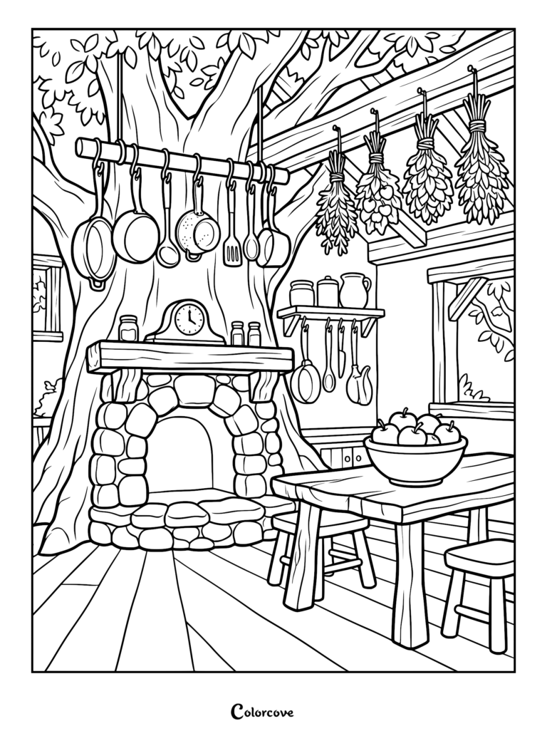 A detailed coloring page of a rustic treehouse kitchen featuring a stone fireplace, hanging pots, dried herbs, and a wooden table with a bowl of apples.
