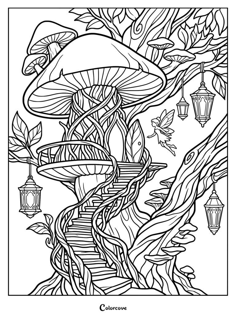 A fairy flying toward a mushroom treehouse with hanging lanterns and winding stairs in this detailed coloring page.