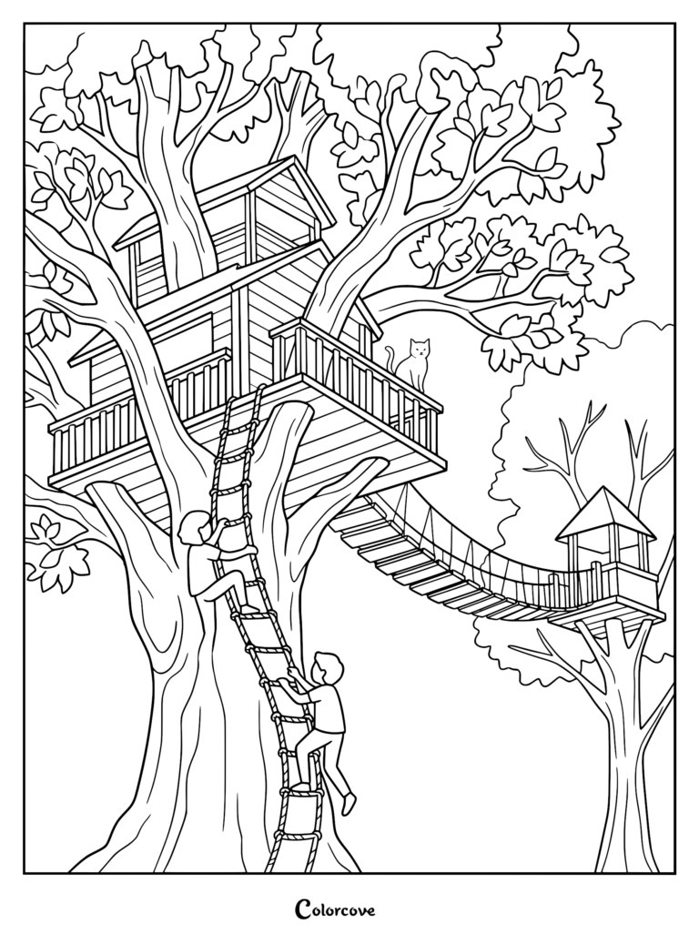 Children climbing a rope ladder to a wooden treehouse with a cat on the deck, connected by a rope bridge to a smaller platform, coloring page.