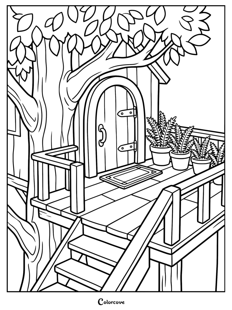 A detailed coloring page featuring a cozy treehouse balcony with an arched wooden door, a welcome mat, and three potted ferns.