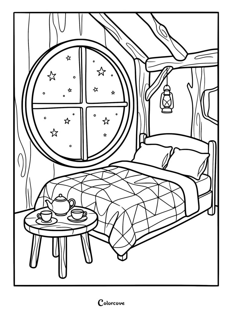 A cozy treehouse bedroom coloring page featuring a bed with a geometric quilt, a round table with a teapot and two cups, and a large circular window showing a starry night sky with a hanging lantern.