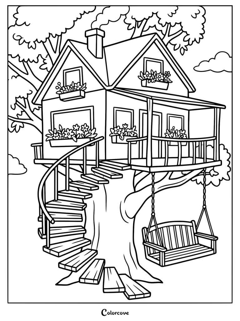A detailed coloring page of a cozy treehouse featuring a winding spiral staircase, flower boxes in the windows, and a hanging porch swing.