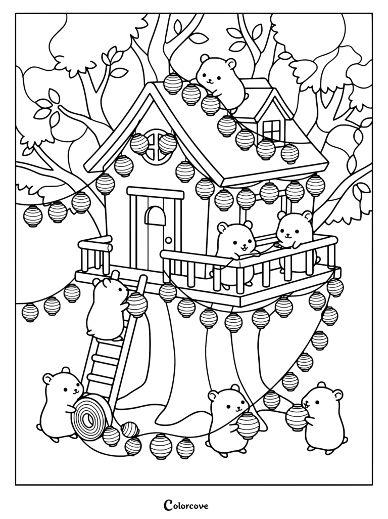 Cute hamsters decorating a treehouse with string lights in this printable coloring page.