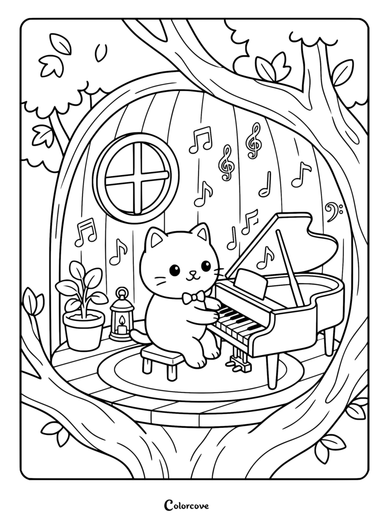 A cute cat wearing a bowtie playing a grand piano inside a cozy treehouse, surrounded by floating musical notes, a potted plant, and a lantern in this printable coloring page.