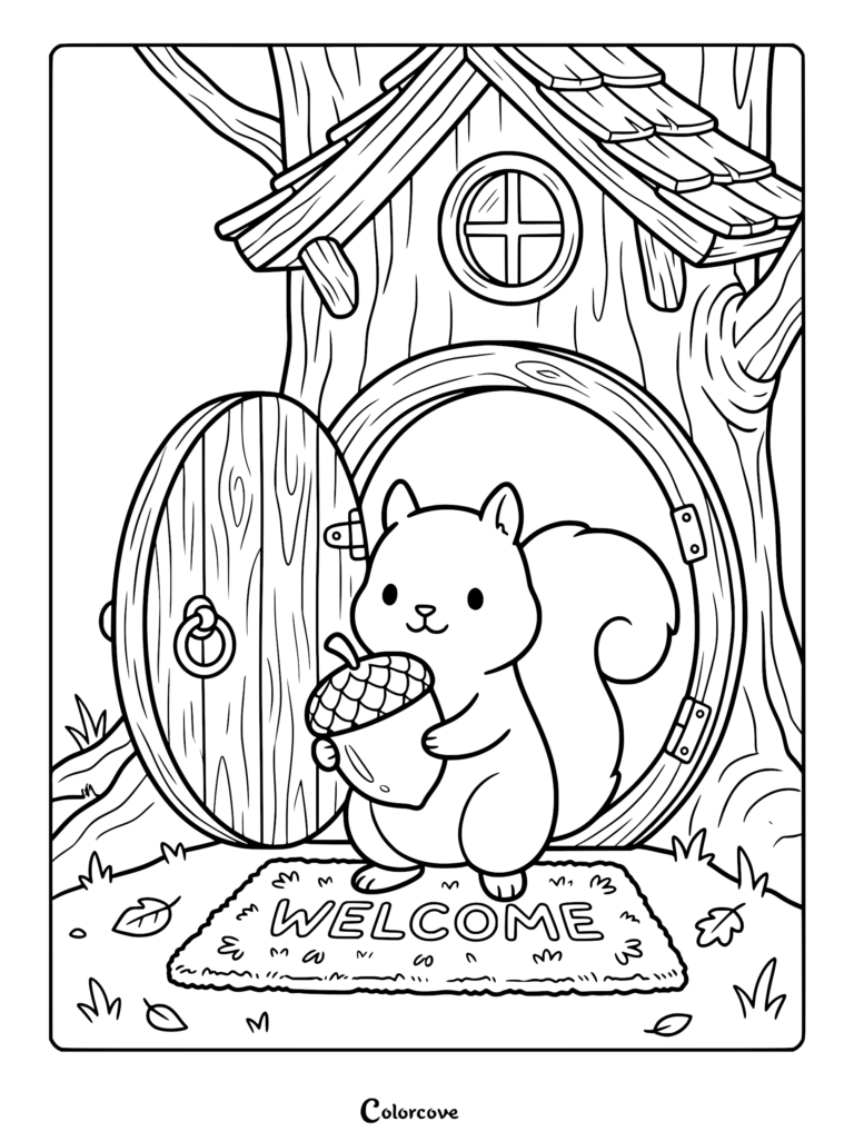 A cute squirrel holding a large acorn standing on a welcome mat in front of a round treehouse door, coloring page style line art.
