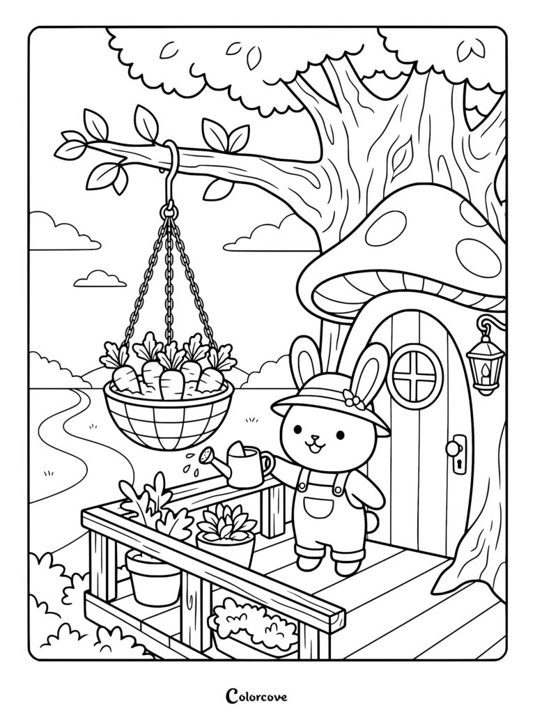 A cute bunny wearing overalls and a sun hat waters potted plants on a treehouse porch, with a hanging basket of carrots nearby in this printable coloring page.