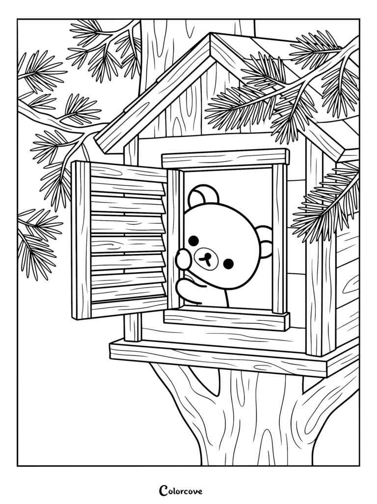 Rilakkuma peeking out from a wooden treehouse window, coloring page with pine branches.