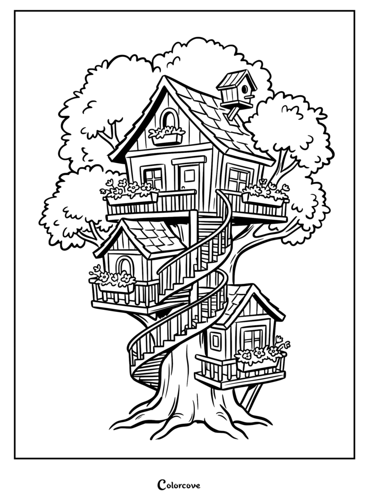 A detailed coloring page featuring a three-story treehouse with spiral staircases, flower boxes, and a birdhouse nestled in a large tree.