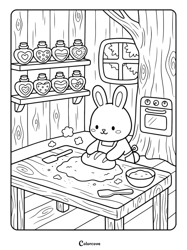 A cute bunny wearing an apron kneads dough on a wooden table in a treehouse kitchen, featuring shelves of heart-shaped jars, a small oven, and a window, presented as a printable coloring page.