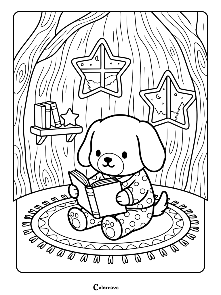 A cute puppy in polka dot pajamas reading a book on a round rug inside a treehouse coloring page with star-shaped windows.