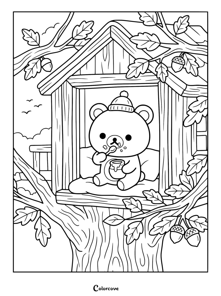 Rilakkuma wearing a beanie eating honey with a spoon inside a cozy wooden treehouse, printable coloring page.