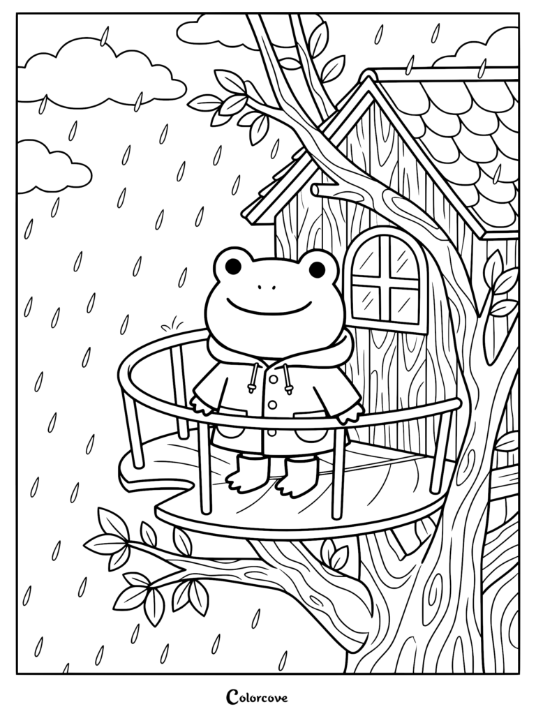 A cute frog wearing a yellow raincoat standing on a wooden treehouse balcony during a rainstorm, coloring page style line art.