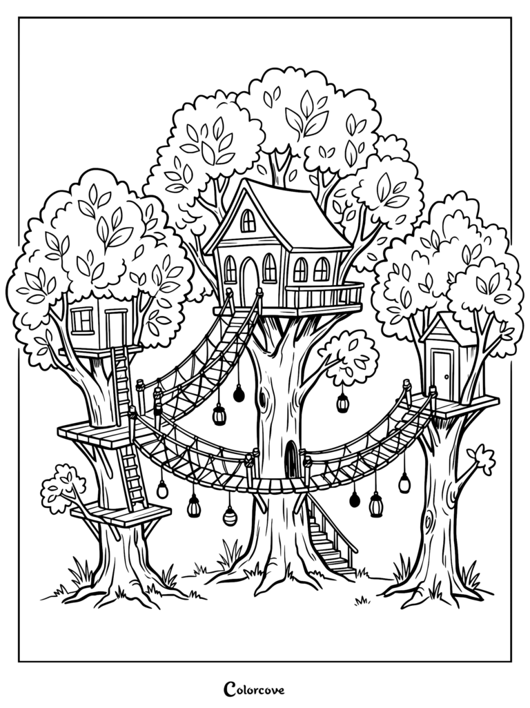 A detailed coloring page featuring a complex treehouse village with three interconnected wooden structures, rope bridges, and hanging lanterns nestled among lush leafy trees.