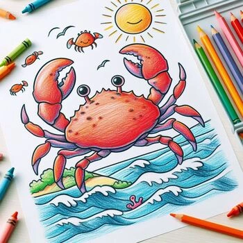 Colorful crab coloring page with ocean waves, sun, and flying birds; surrounded by crayons and colored pencils.