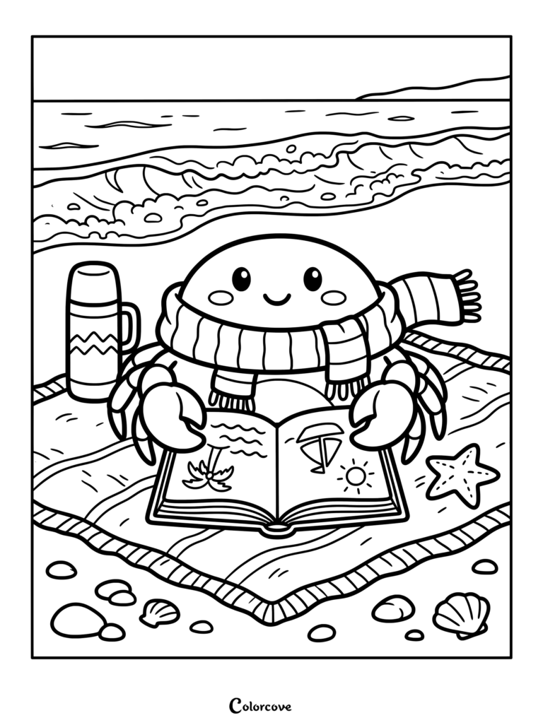 Cute crab wearing a striped scarf while reading a book on a beach blanket coloring page