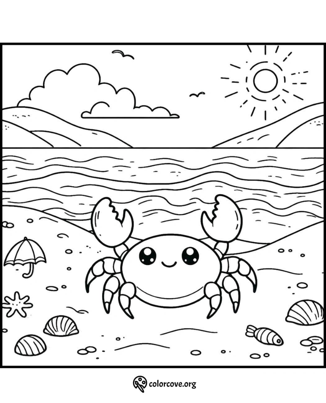 Cute crab coloring page with beach, sun, sea, and shells. Ideal for kids' creativity and fun beach-themed activities.