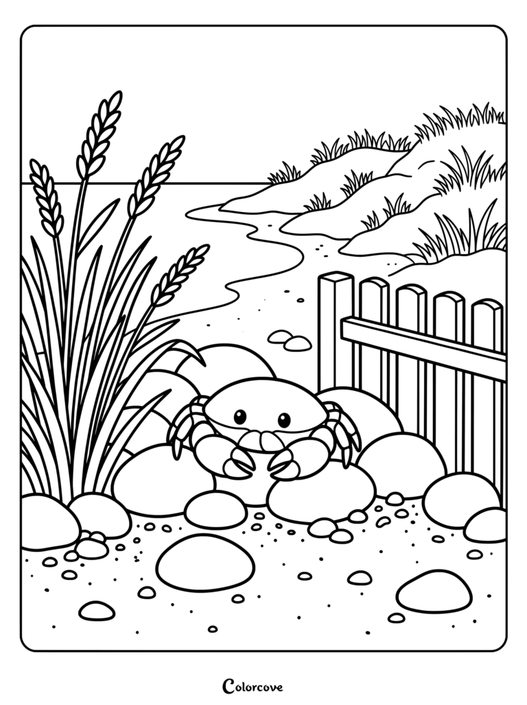 A friendly crab hiding among rocks and tall grass on a sandy beach coloring page.