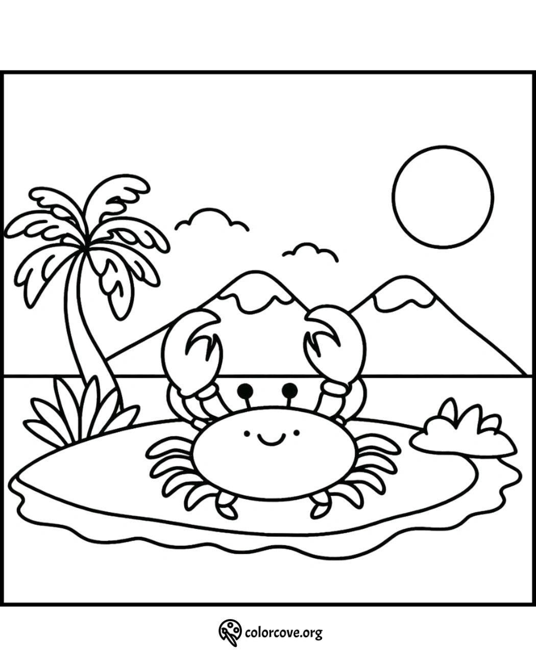 Crab coloring page for kids, featuring a happy crab on an island with palm tree, mountains, and sun in the background.