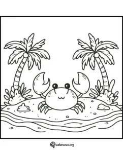 Cute crab coloring page with palm trees and sandy beach for kids. Printable, fun, and easy seaside-themed activity.