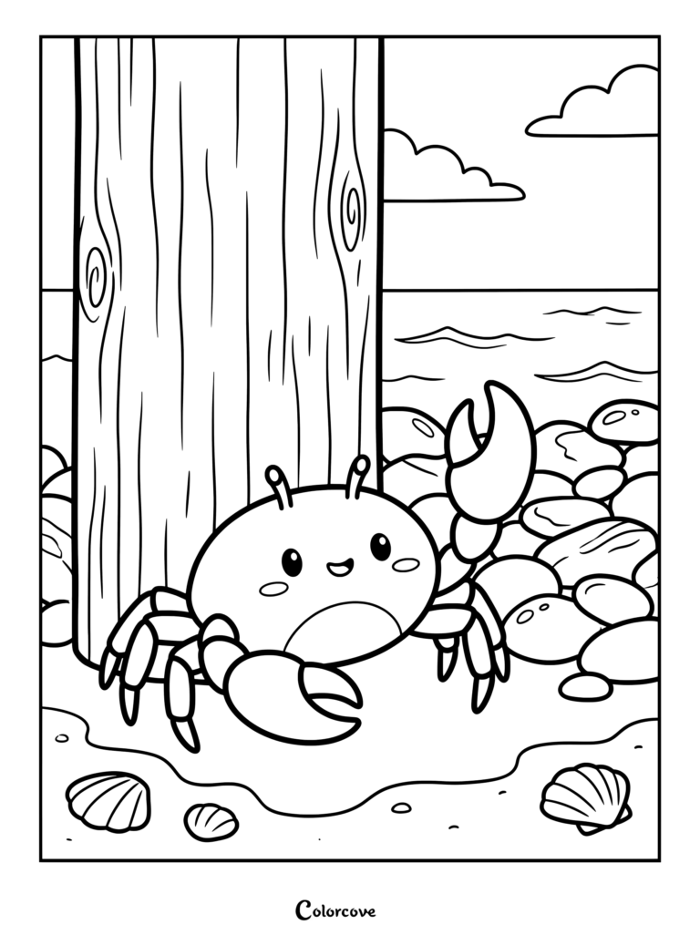 A smiling cute crab coloring page next to a wooden pier on a rocky beach with sea shells.