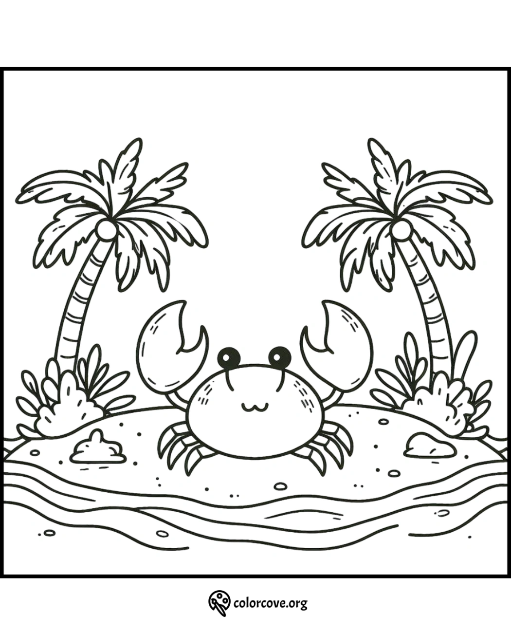 Cute crab coloring page with palm trees and sandy beach for kids. Printable, fun, and easy seaside-themed activity.