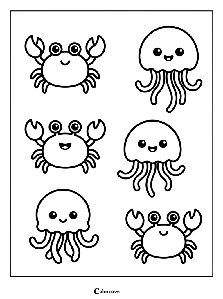 Printable coloring page featuring smiling crabs and friendly jellyfish.