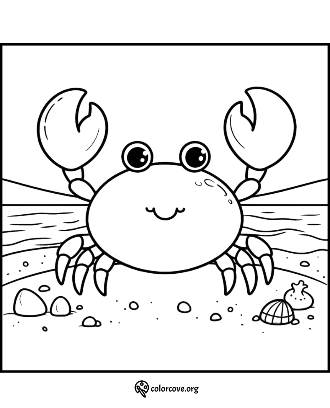 Cute crab coloring page for kids, with ocean background and shells. Printable beach scene, fun seaside coloring activity.