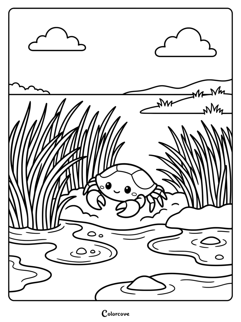 A friendly crab hiding among tall marsh grass in this printable coloring page.