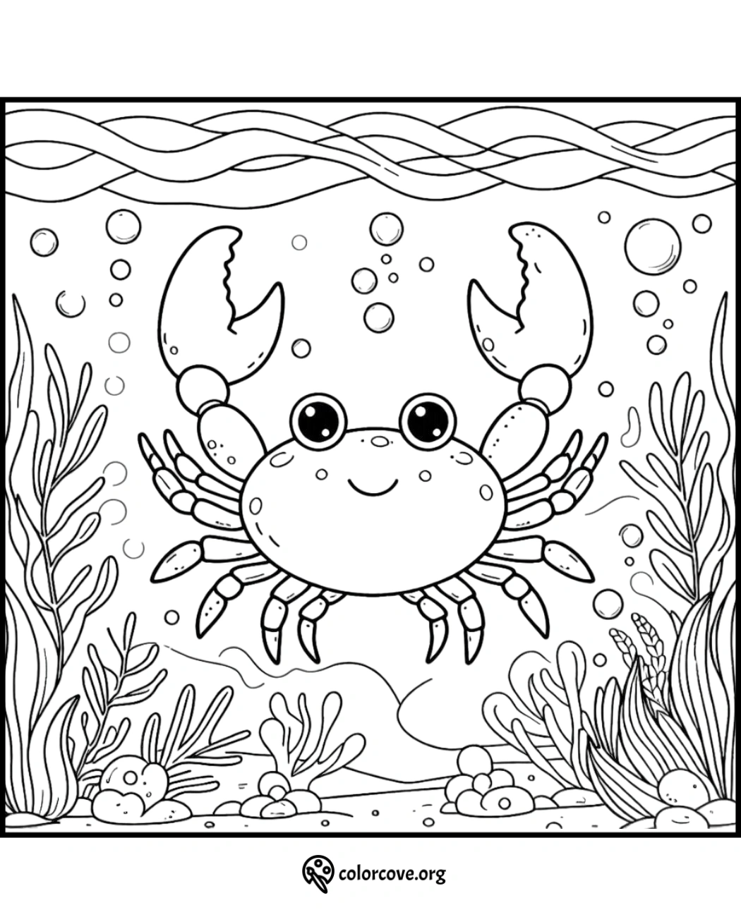 Coloring page of a cute smiling crab underwater with seaweed and bubbles, perfect for kids and ocean-themed activities.