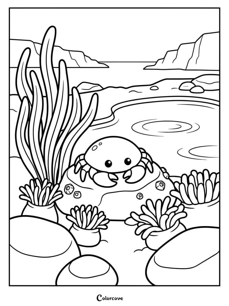 A cute crab sitting on a rock in a tide pool coloring page surrounded by sea anemones and tall seaweed.