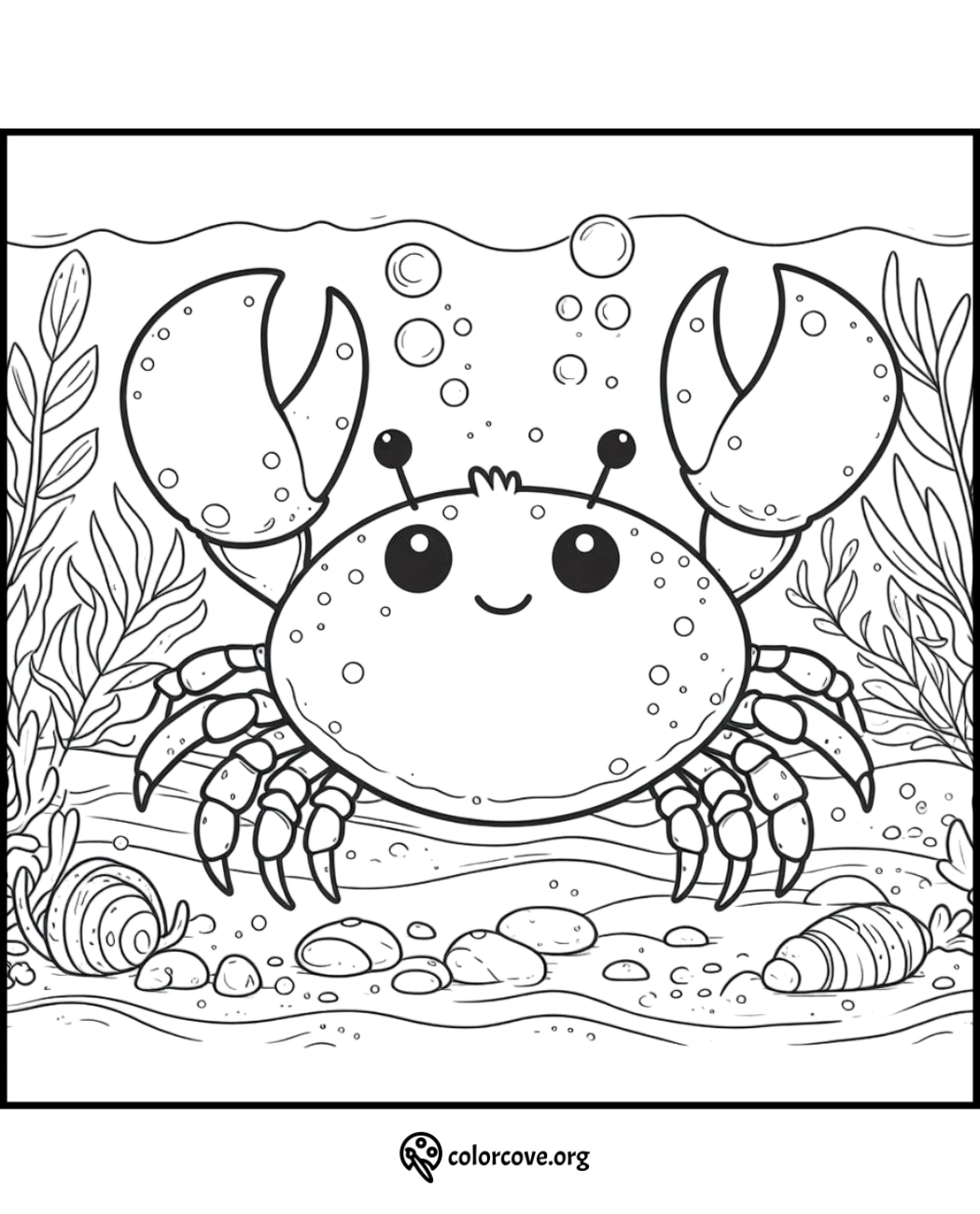 Cute crab coloring page with underwater scene, featuring seaweed and shells. Perfect for kids' ocean-themed coloring fun.