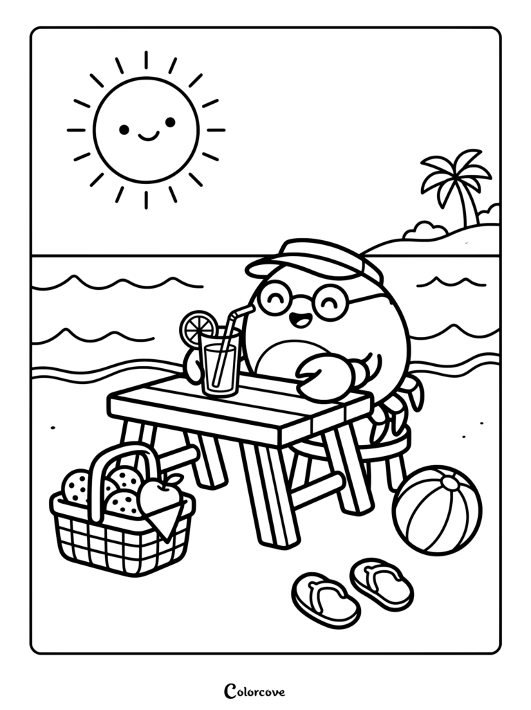 Printable crab coloring page featuring a character wearing sunglasses and a visor while drinking lemonade at a beach picnic table.