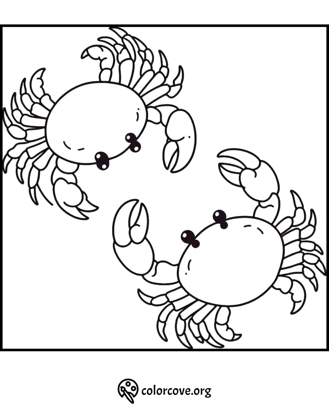 Two cartoon crabs coloring page, perfect for kids' creative activities and fun ocean-themed coloring sessions.