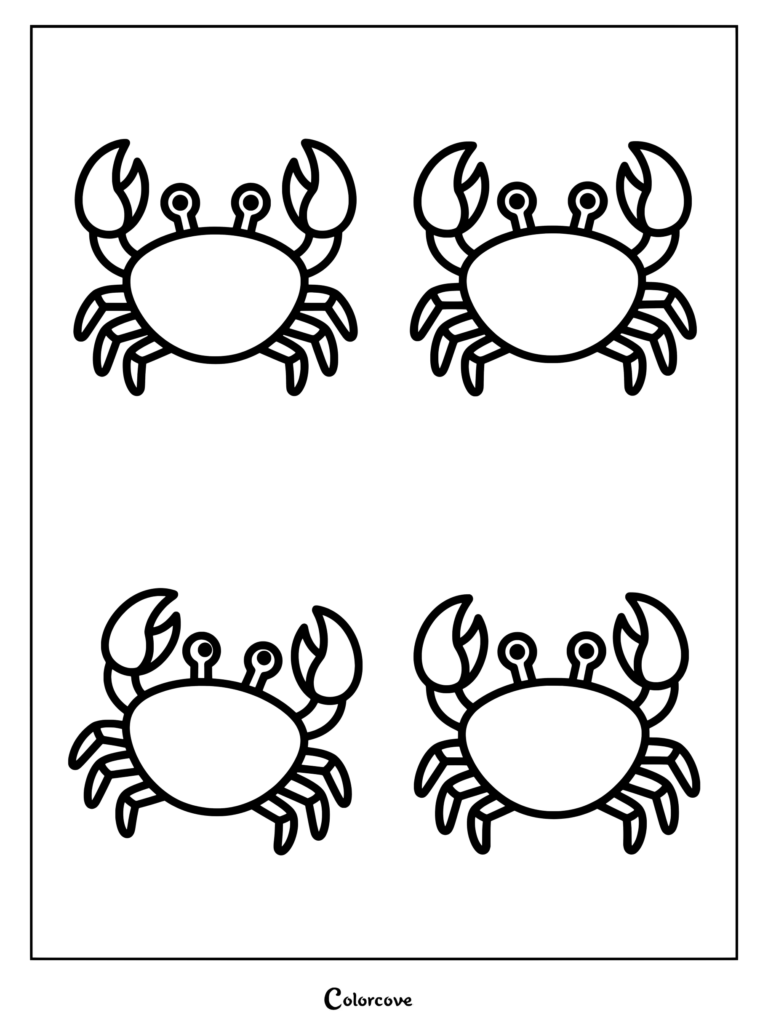 Four identical cartoon crab characters arranged in a grid, ready for a printable crab coloring page.
