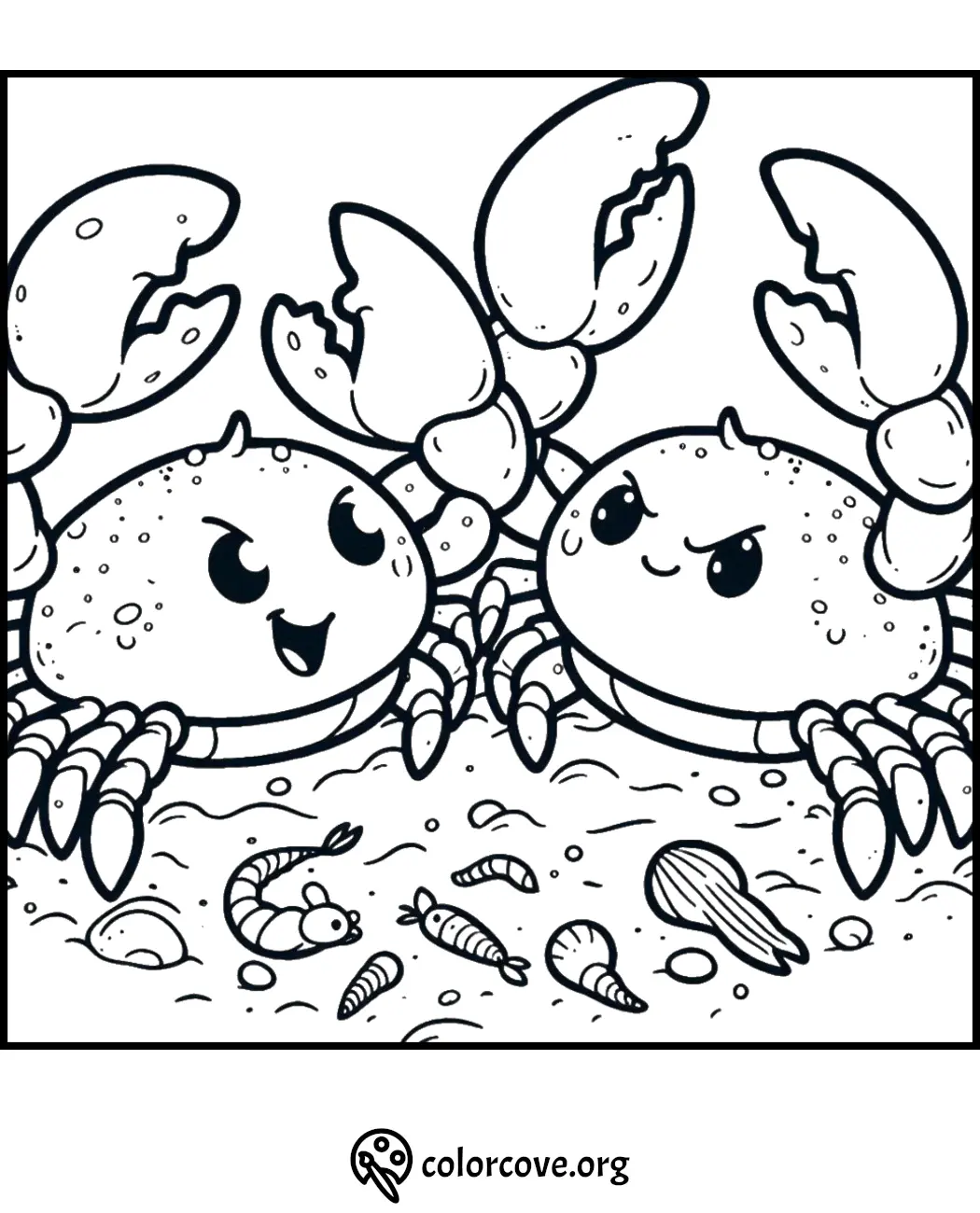 Cute crab coloring page with two cartoon crabs on a sandy seabed with seashells and marine creatures.