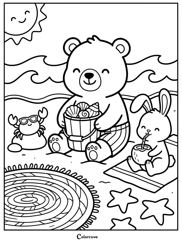 A friendly bear holding a seashell bucket with a rabbit drinking from a coconut and a cool crab wearing sunglasses in this fun summer crab coloring page.