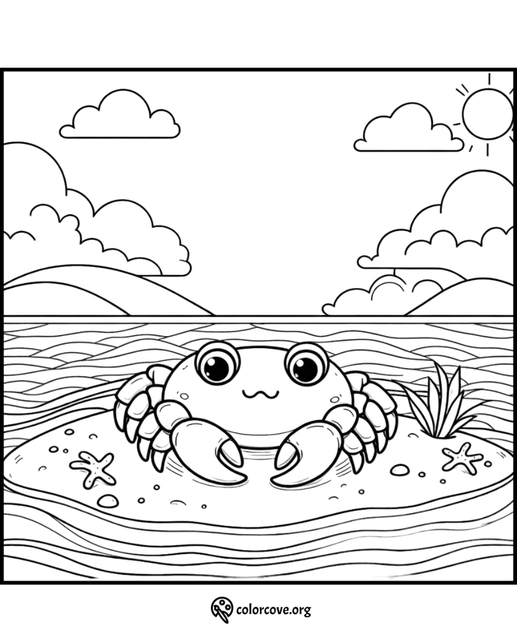 Cute crab coloring page with a beach scene, featuring waves, clouds, sun, and starfish. Perfect for kids' creative fun.