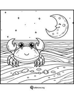 Happy crab coloring page with a smiling moon in the night sky, perfect for kids to color and enjoy. Download now!