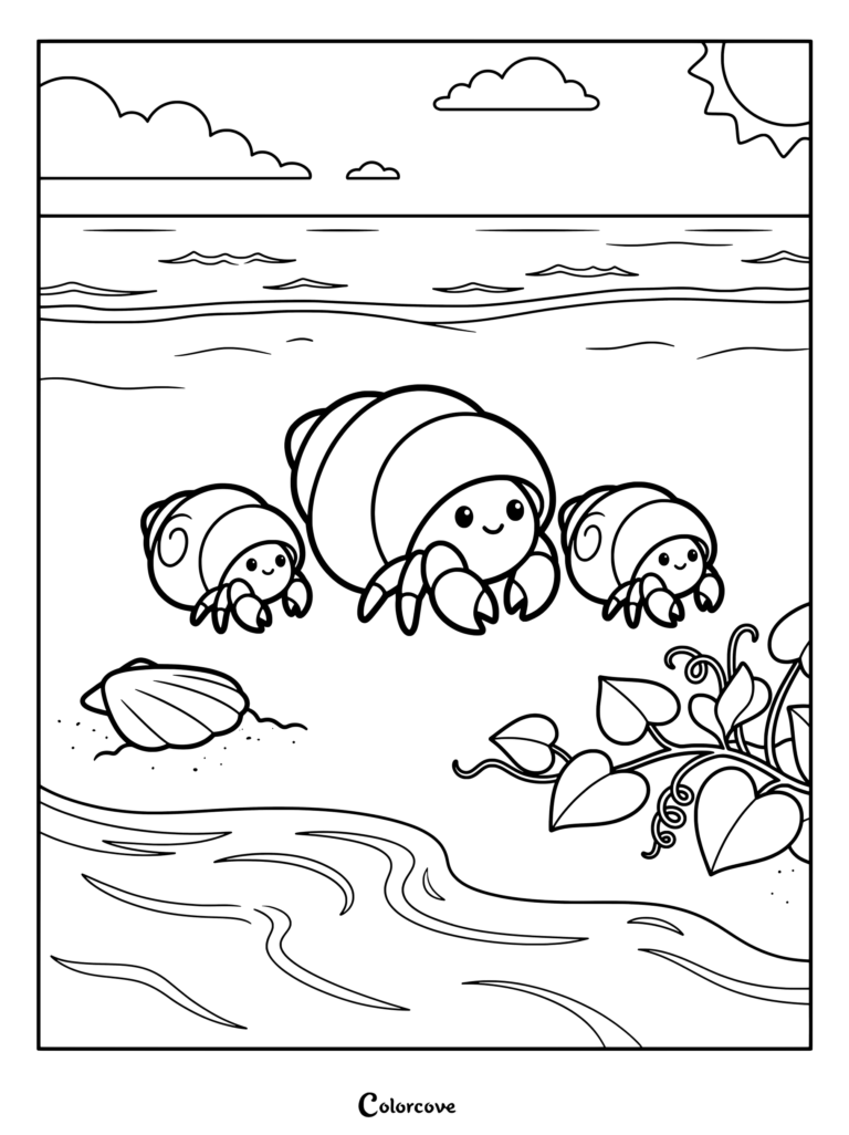 A mother crab with its two babies walking on the sandy beach in a printable coloring page