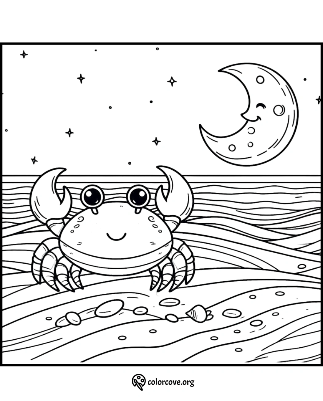 Happy crab coloring page with a smiling moon in the night sky, perfect for kids to color and enjoy. Download now!