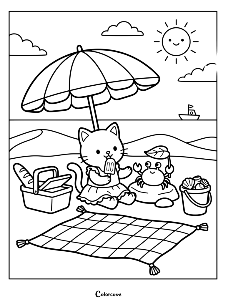 A cute cat eating an ice pop next to a cheerful crab holding a leaf on the beach coloring page.
