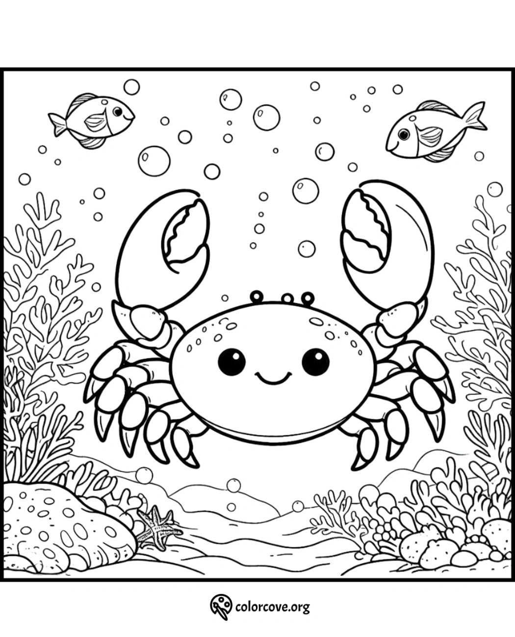 Cute crab and fish underwater scene coloring page with bubbles and coral reefs. Perfect for kids' marine-themed activities.