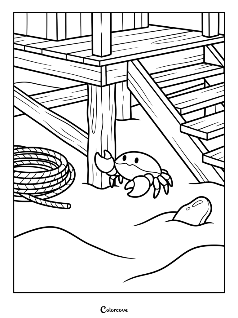 A cute crab hiding beneath a wooden beach deck coloring page.