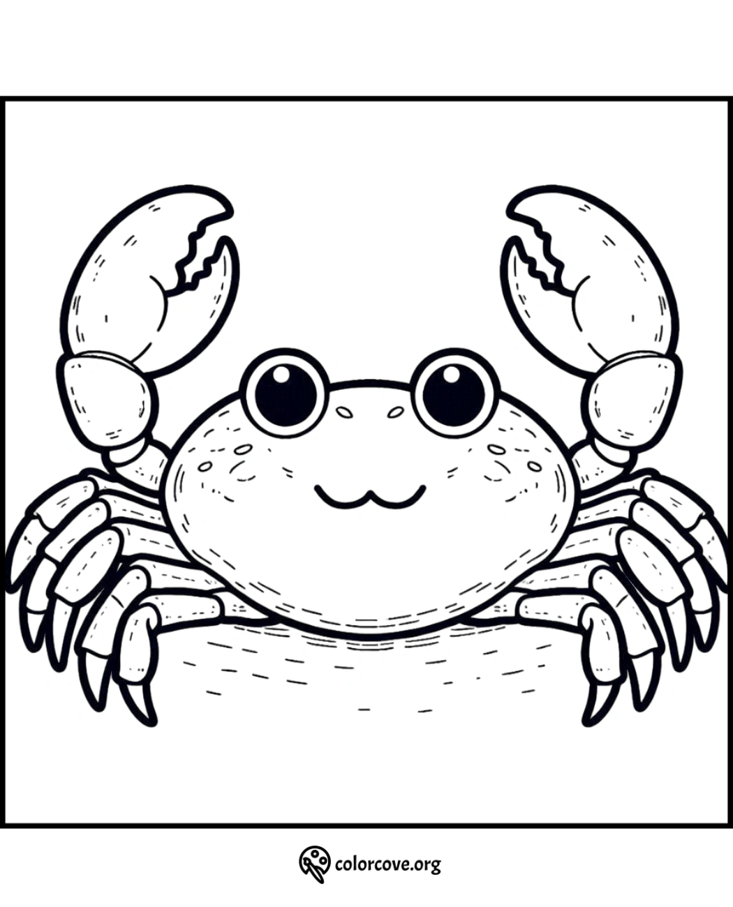 Smiling cartoon crab coloring page for kids from ColorCove.org, perfect for sea animal-themed art activities.