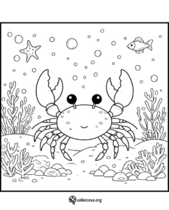 Cute crab coloring page with ocean background, fish, starfish, and sea plants. Printable kids' activity sheet from colorcove.org.