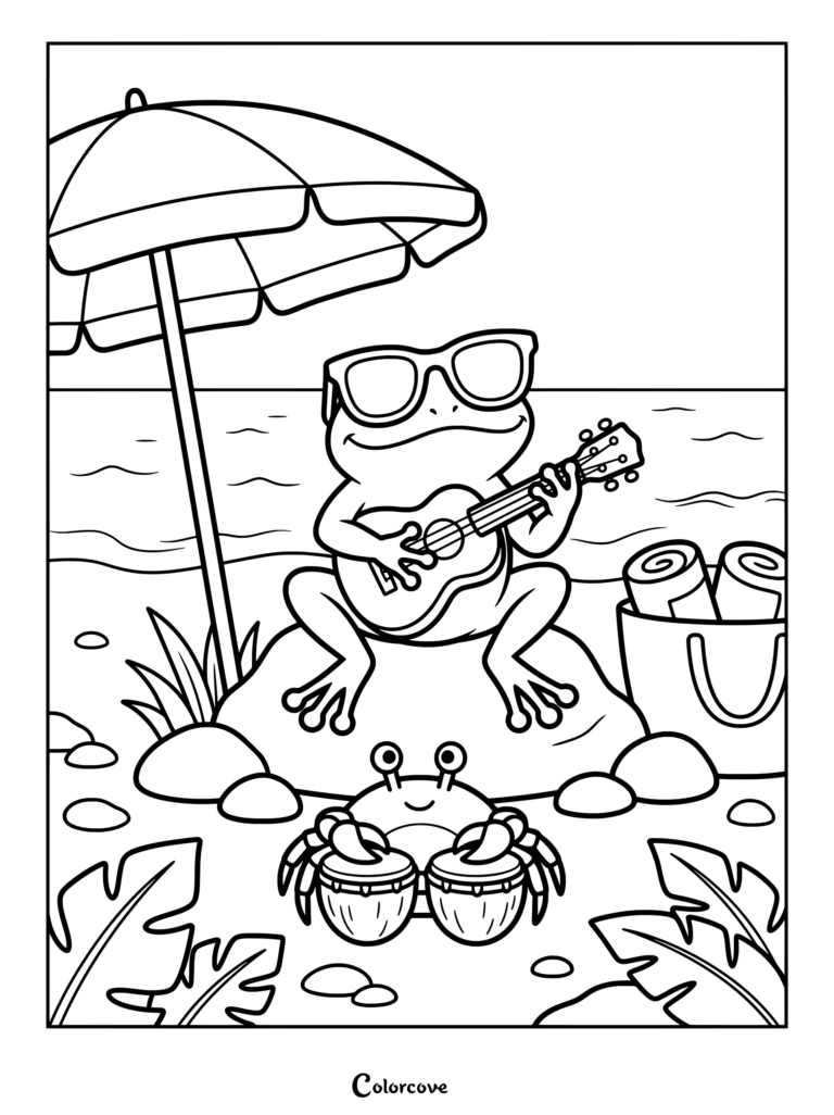 A frog wearing sunglasses playing a ukulele on a beach with a crab playing bongos in this printable crab coloring page.